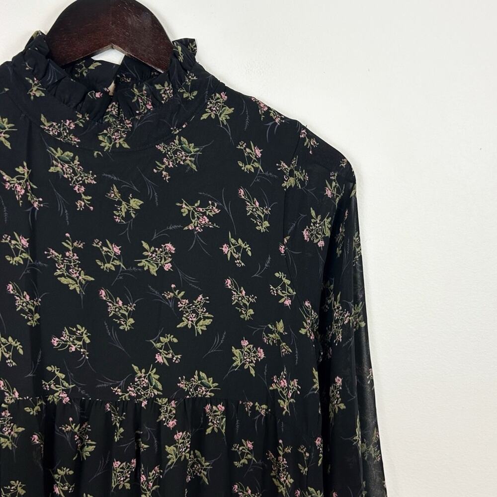 EN Black Floral High Neck Long Sleeve Midi Dress Size Small